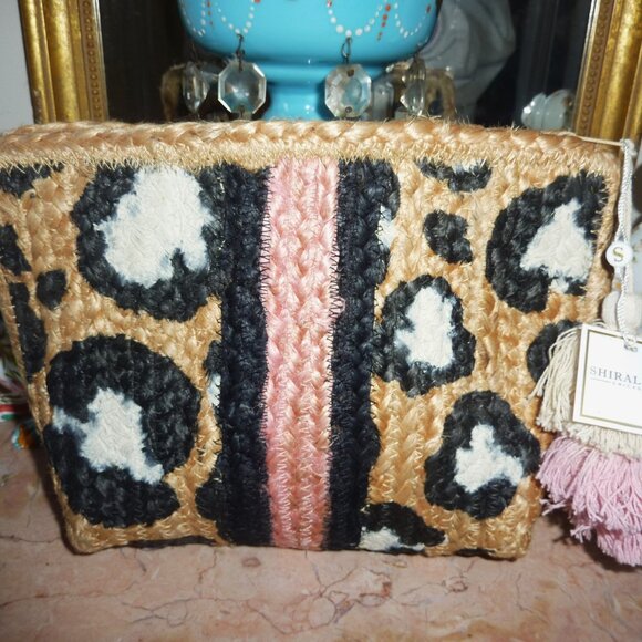 NWT Shiraleah Leopard Cheetah Straw Small Clutch Purse With Tassels - Picture 2 of 6